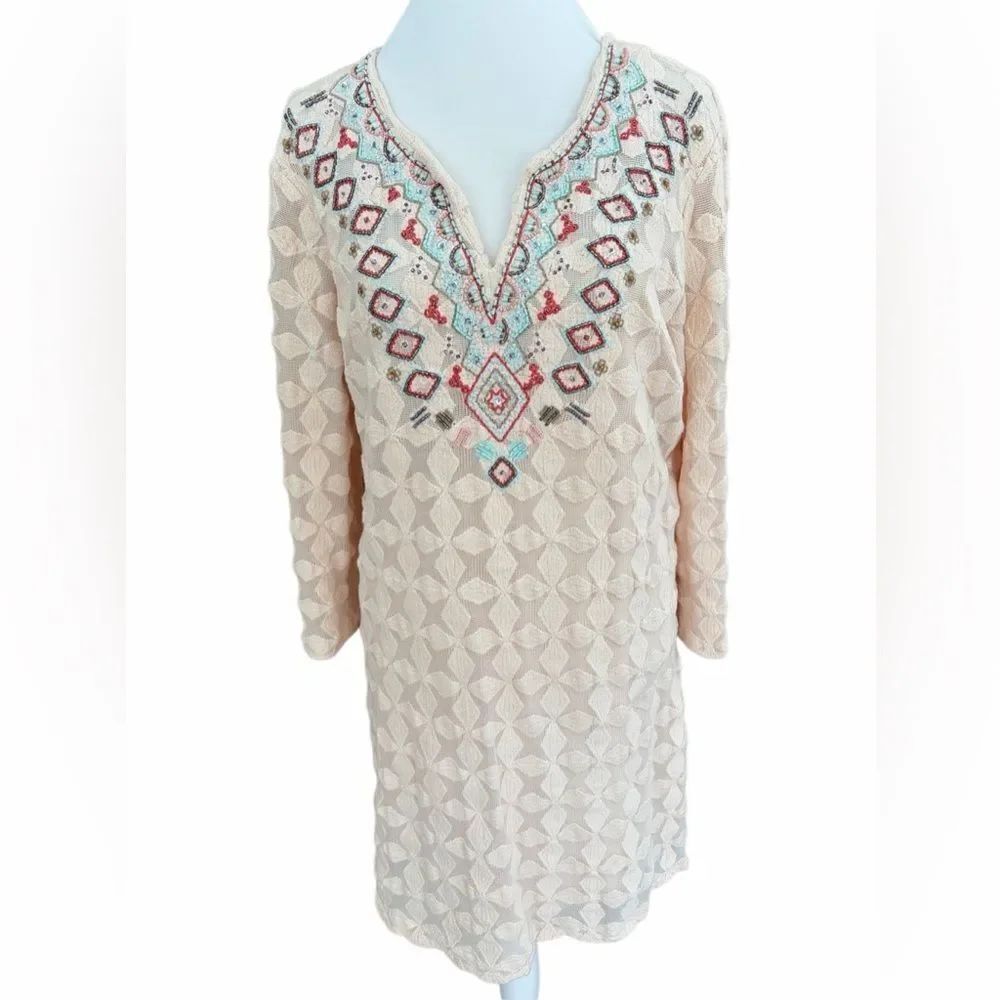 Sundance Global Embrace v neck Beaded Tunic Dress in blush pink size Medium.